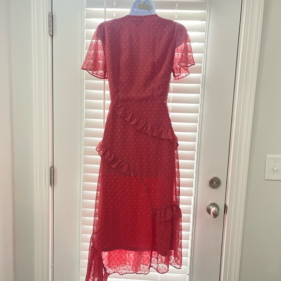 Lulu's Next to You Rusty Rose Swiss Dot Ruffled Midi Dress - Picture 8 of 12
